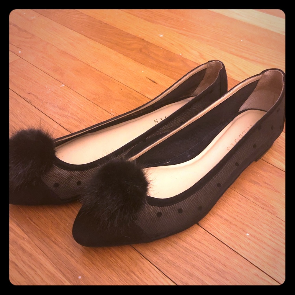 Talbots LN black sheer mesh fur flats 8.5 W wide
